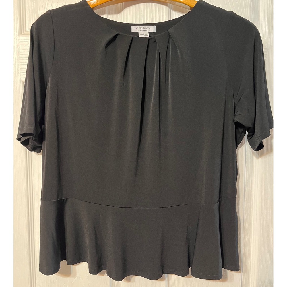 Liz Claiborne Woman Black Peplum Blouse Short Sleeve Pleated Neck Top 1X Plus